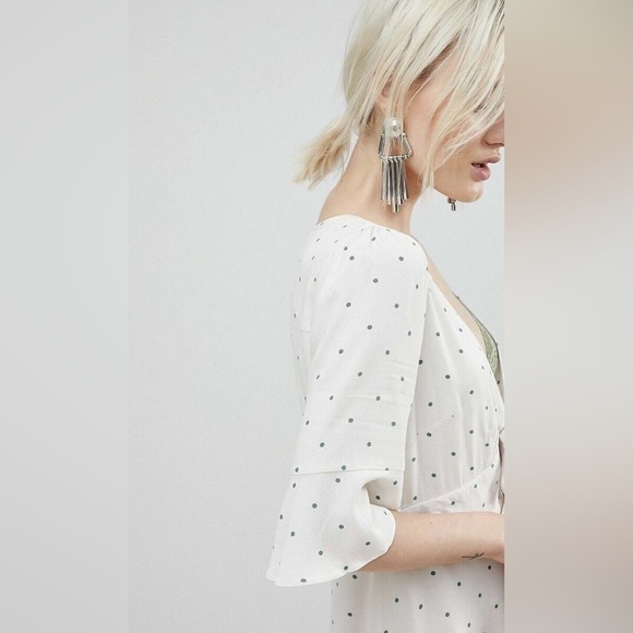 Free People All Yours Polka Dot Cream Combo Flutter Sleeve Deep V Mini Dress 12 - Picture 4 of 12